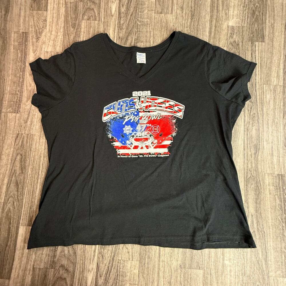 2021 Guns & Hoses Pig Bowl 47 Shirt Port & Company 4X V-Neck Police Fire Tee